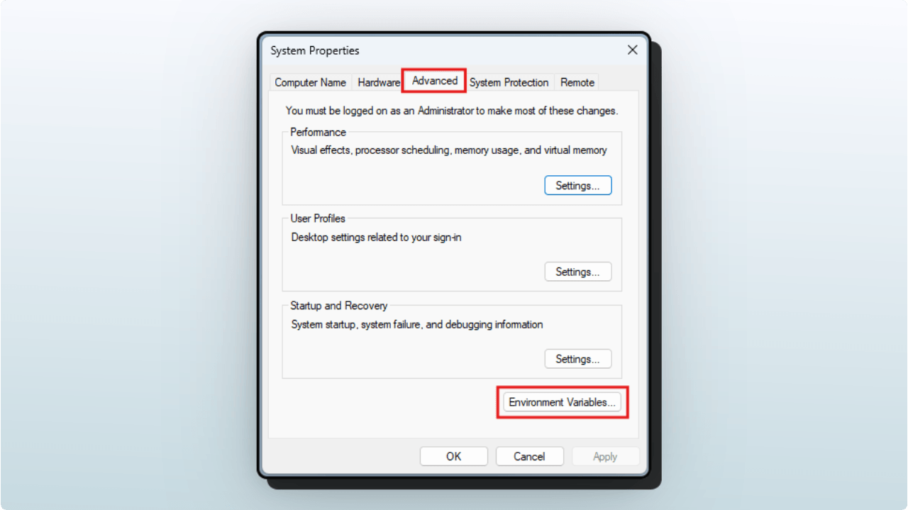 Advanced tab of System Properties panel showing environment variables