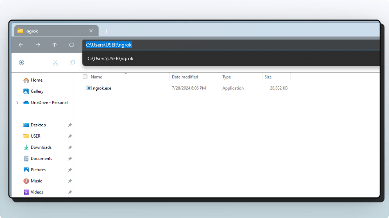 ngrok.exe file inside the C:\Users\USER\ngrok directory