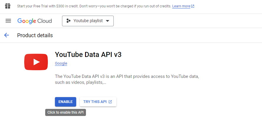 YouTube Data API showing status enabled
