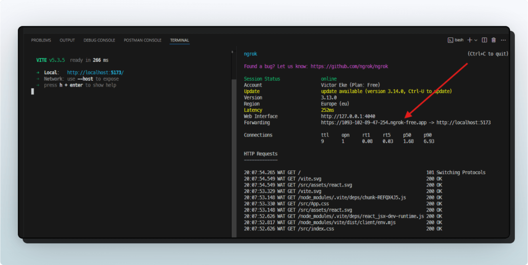 ngrok forwarded port running