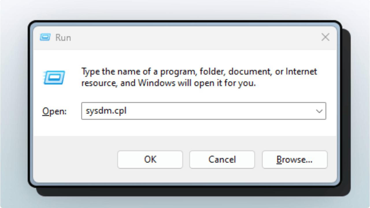 Windows run box showing sysdm.cl command