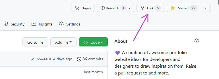 Github project page showing an arrow pointing to the fork button